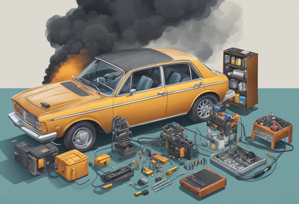 A car with smoke coming from the hood, surrounded by diagnostic tools and a mechanic holding an ignition control module