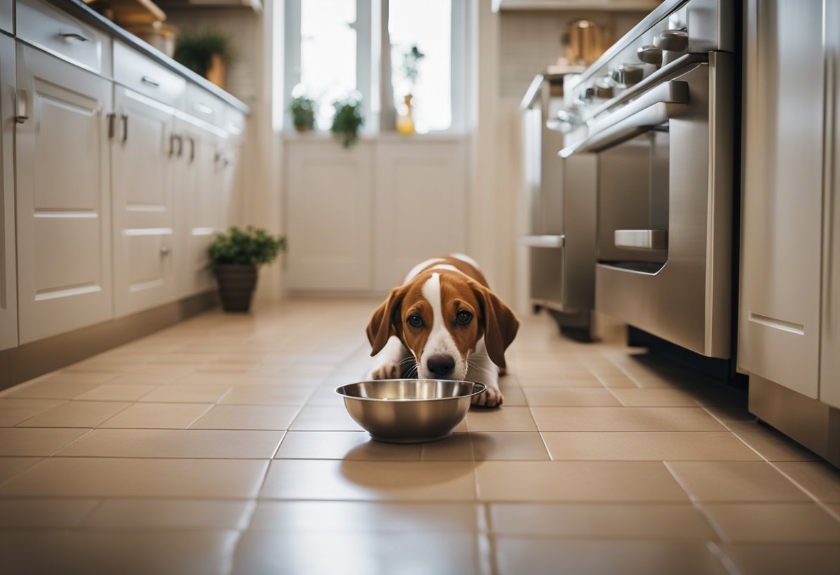 A dog sniffs a bowl of pinto beans on the kitchen floor