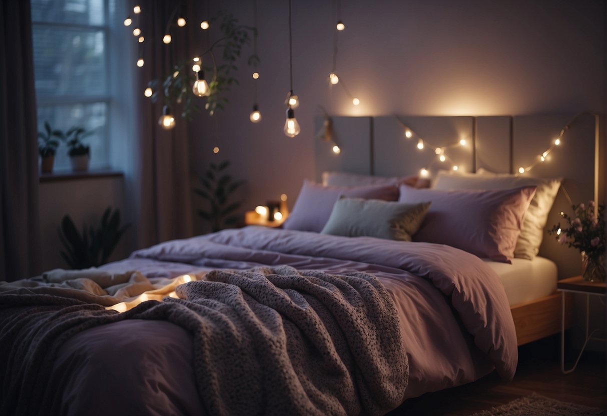 A cozy bedroom with dim lighting, a calming color palette, and soft, comfortable bedding. A lavender-scented diffuser fills the air, and soothing music plays in the background