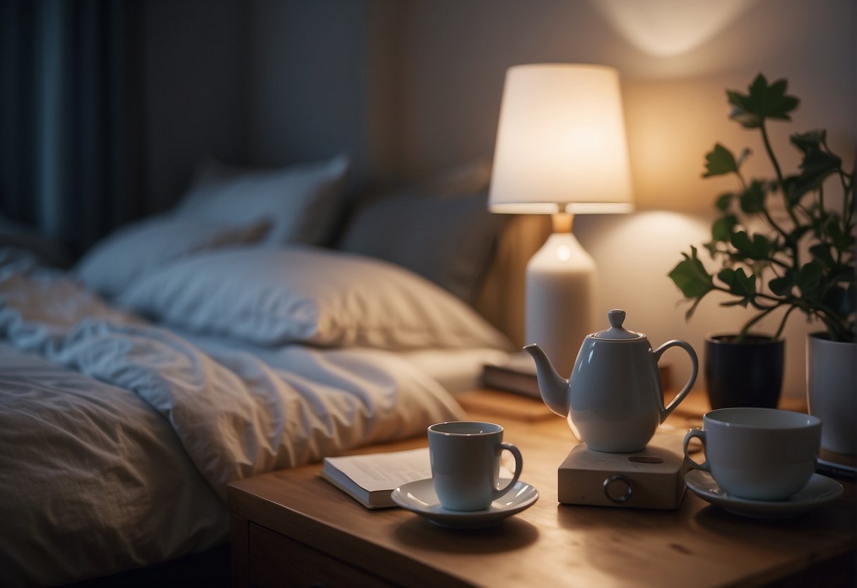 A calm, tidy bedroom with soft lighting. A person practices relaxation techniques before bed. A journal and soothing tea sit on the nightstand