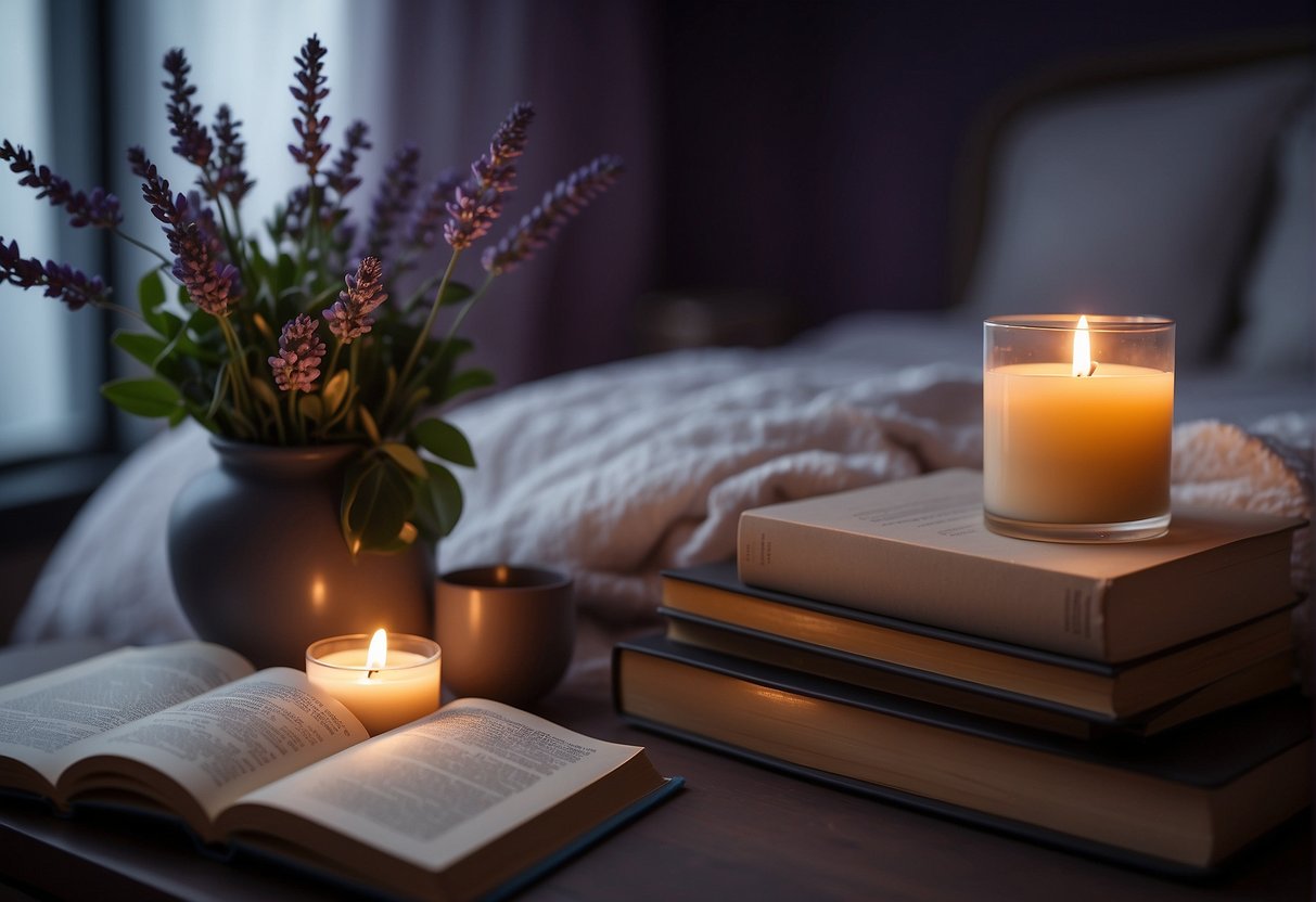 A cozy bedroom with dim lighting, a warm cup of herbal tea on a nightstand, and a book on relaxation techniques. A lavender-scented candle flickers softly in the corner, creating a peaceful atmosphere for winding down before bed