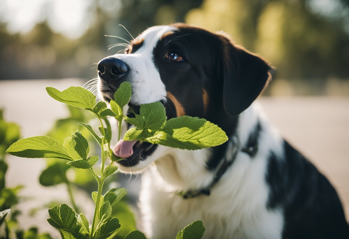 A dog eagerly sniffs a stevia plant, tilting its head with curiosity