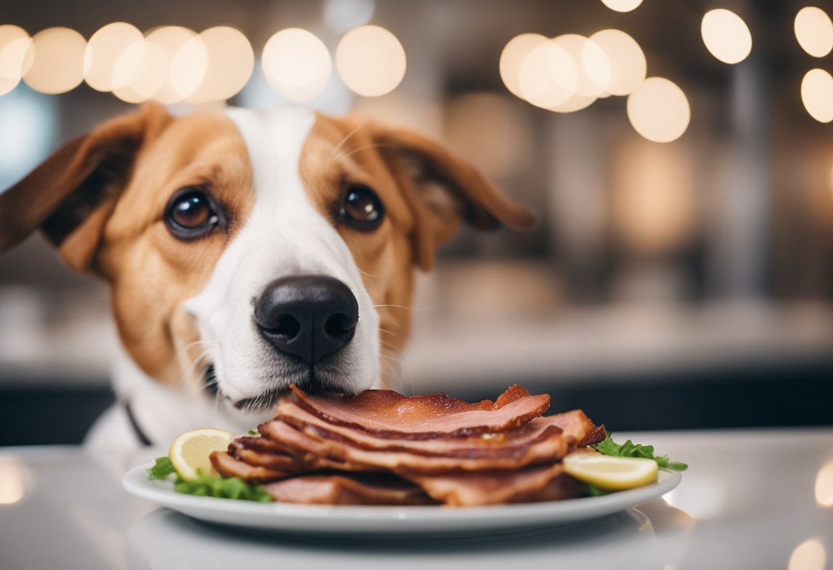 A dog eagerly sniffs turkey bacon on a plate