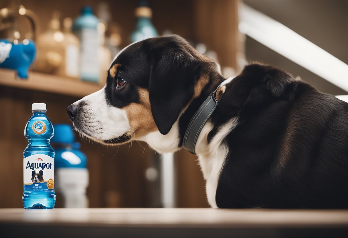 A dog with a concerned expression looks up at a bottle of Aquaphor on a table