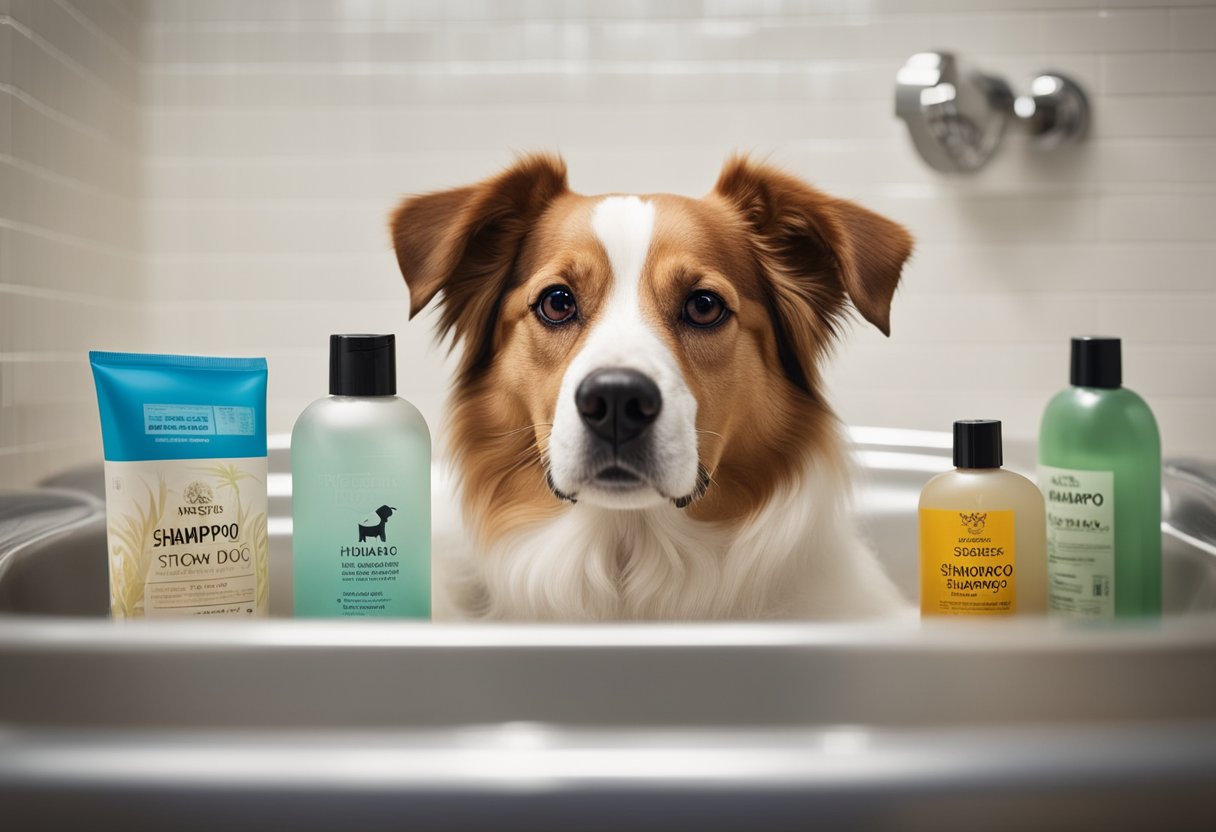 A dog sits in a bathtub, surrounded by bottles of human shampoo. Its owner looks uncertain, holding a bottle and reading the label