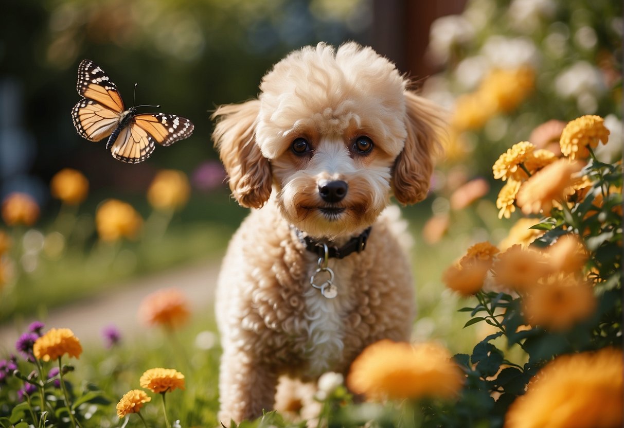 A small apricot poodle plays in a sunny garden, surrounded by colorful flowers and a butterfly