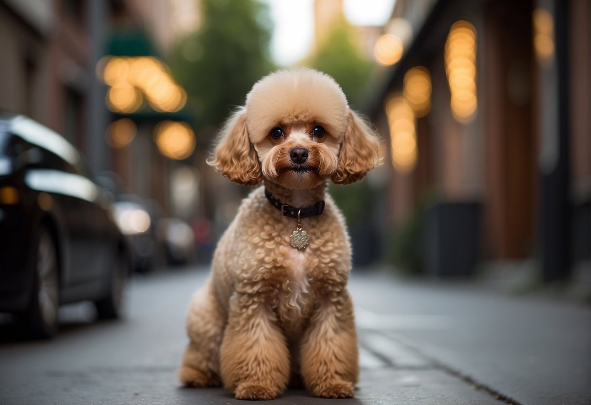 A small apricot poodle stands alert, with curly fur and a friendly expression. Its round, dark eyes sparkle with intelligence, and its tail wags eagerly
