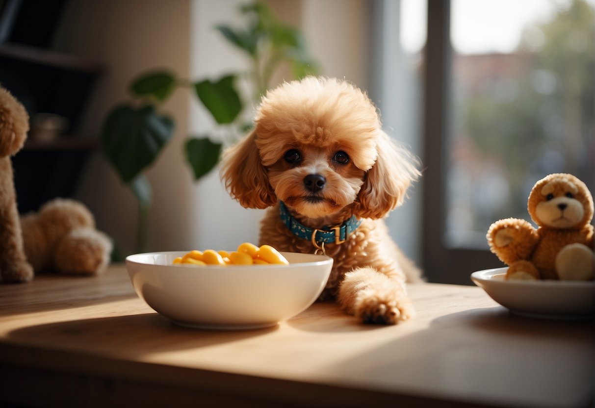 A small apricot poodle living in a cozy home, playing with toys, eating from a bowl, and snuggling with its owner