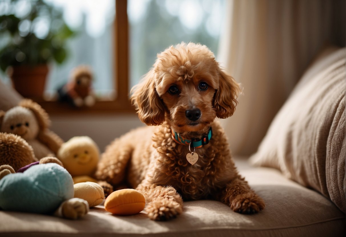 An apricot miniature poodle sits in a cozy living room, surrounded by toys and a comfortable bed, while a family member affectionately pets its soft fur