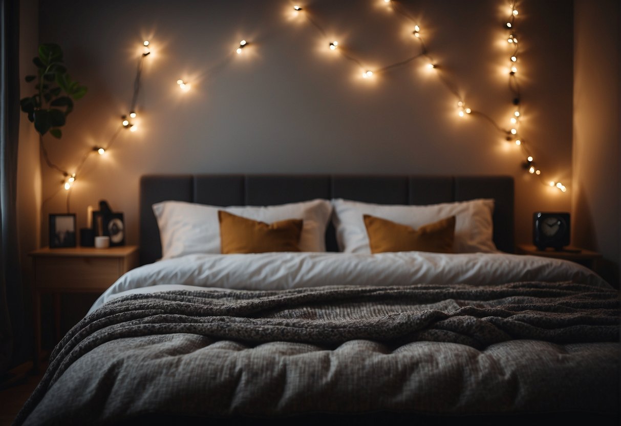 A cozy bedroom with dim lighting, soft pillows, and a comfortable bed. A soothing sound machine plays gentle nature sounds, creating a peaceful atmosphere for uninterrupted sleep