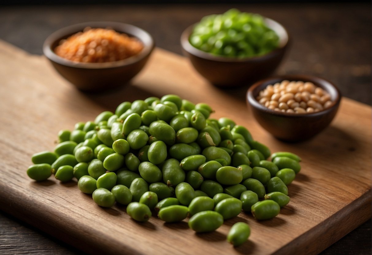 A pile of mukimame and edamame beans sit side by side on a wooden cutting board, showcasing their size, color, and texture differences