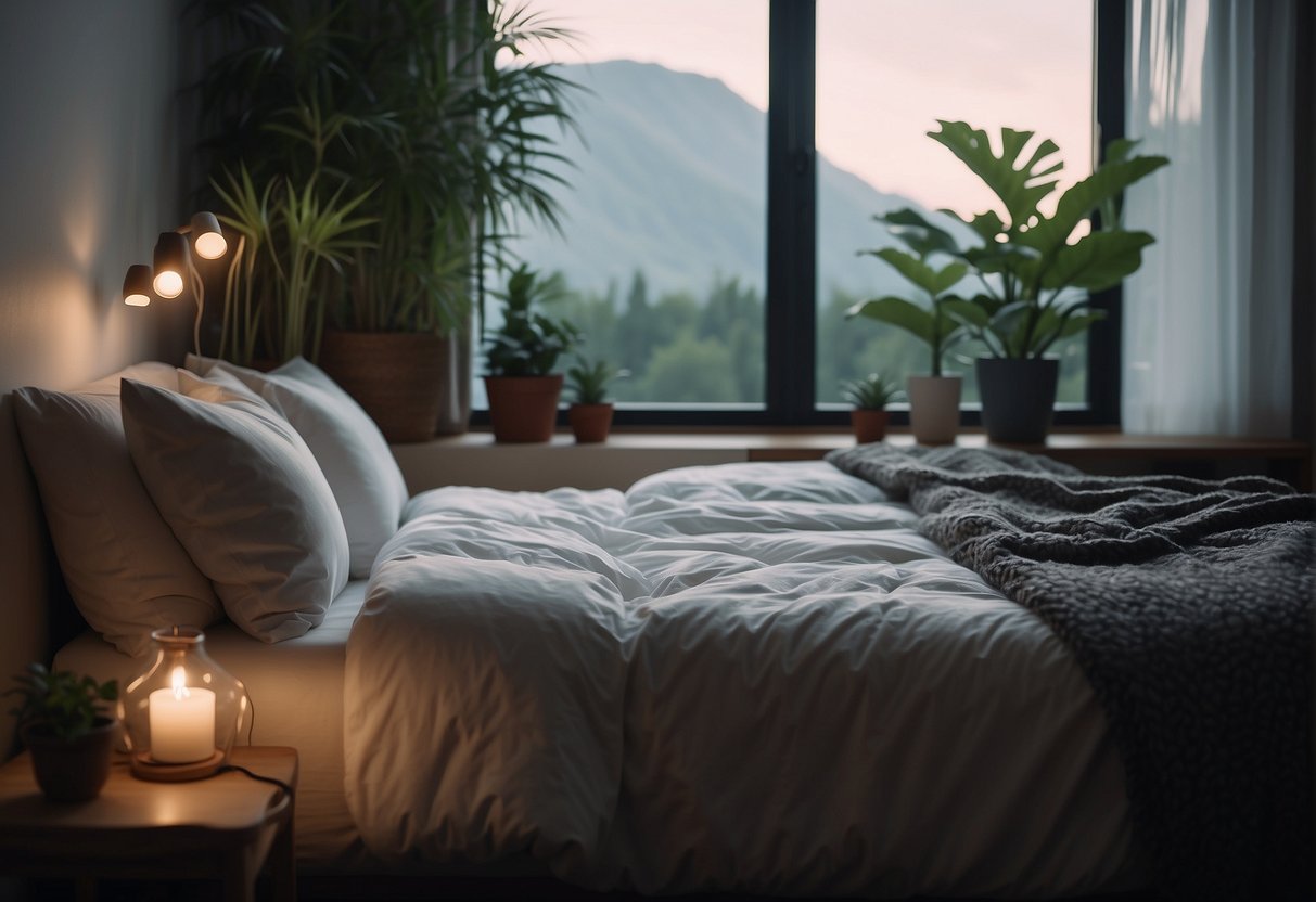 A serene bedroom with a dimly lit lamp, a cozy bed with soft pillows, and a peaceful atmosphere, surrounded by plants and soothing colors