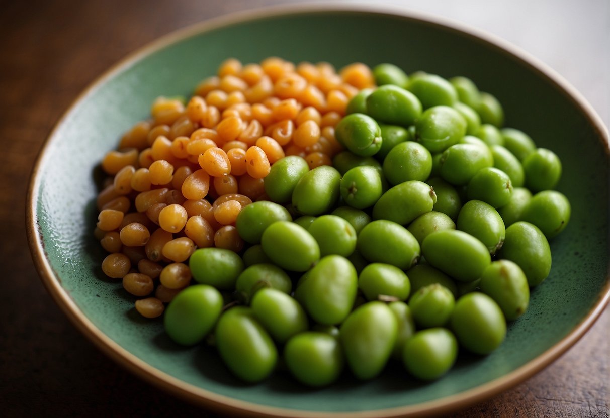 A bowl of mukimame and edamame side by side, showcasing their vibrant green color and contrasting sizes. A label with "Health Benefits" and "Dietary Considerations" is placed next to them