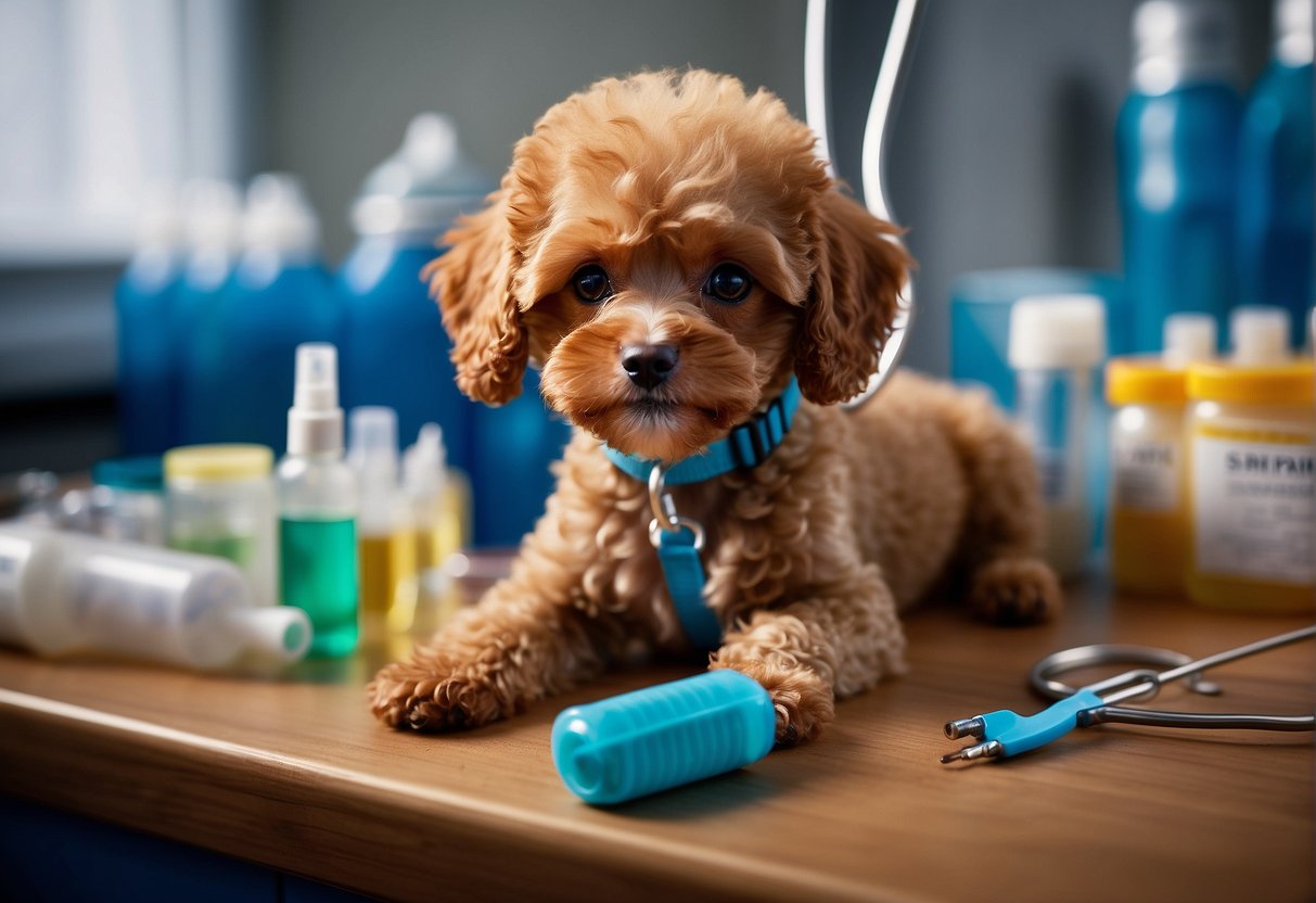 A small toy poodle puppy sits on a vet's table, surrounded by various vaccines and medical supplies