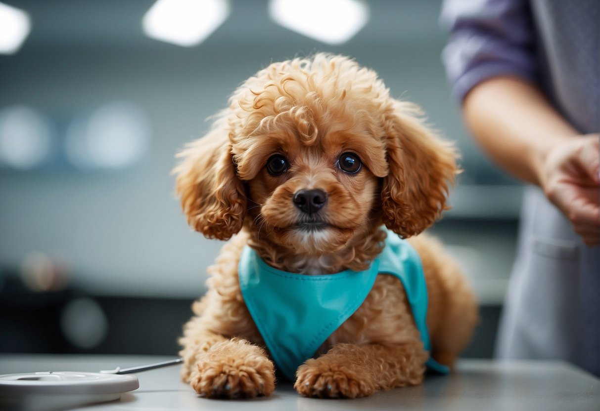 A small toy poodle puppy receiving its initial vaccination at the veterinary clinic