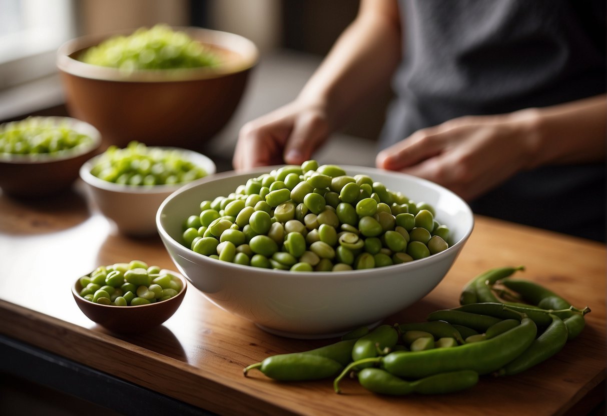 Mukimame and edamame sit in separate bowls, one shelled and the other still in its pods. A knife and cutting board are nearby for preparation