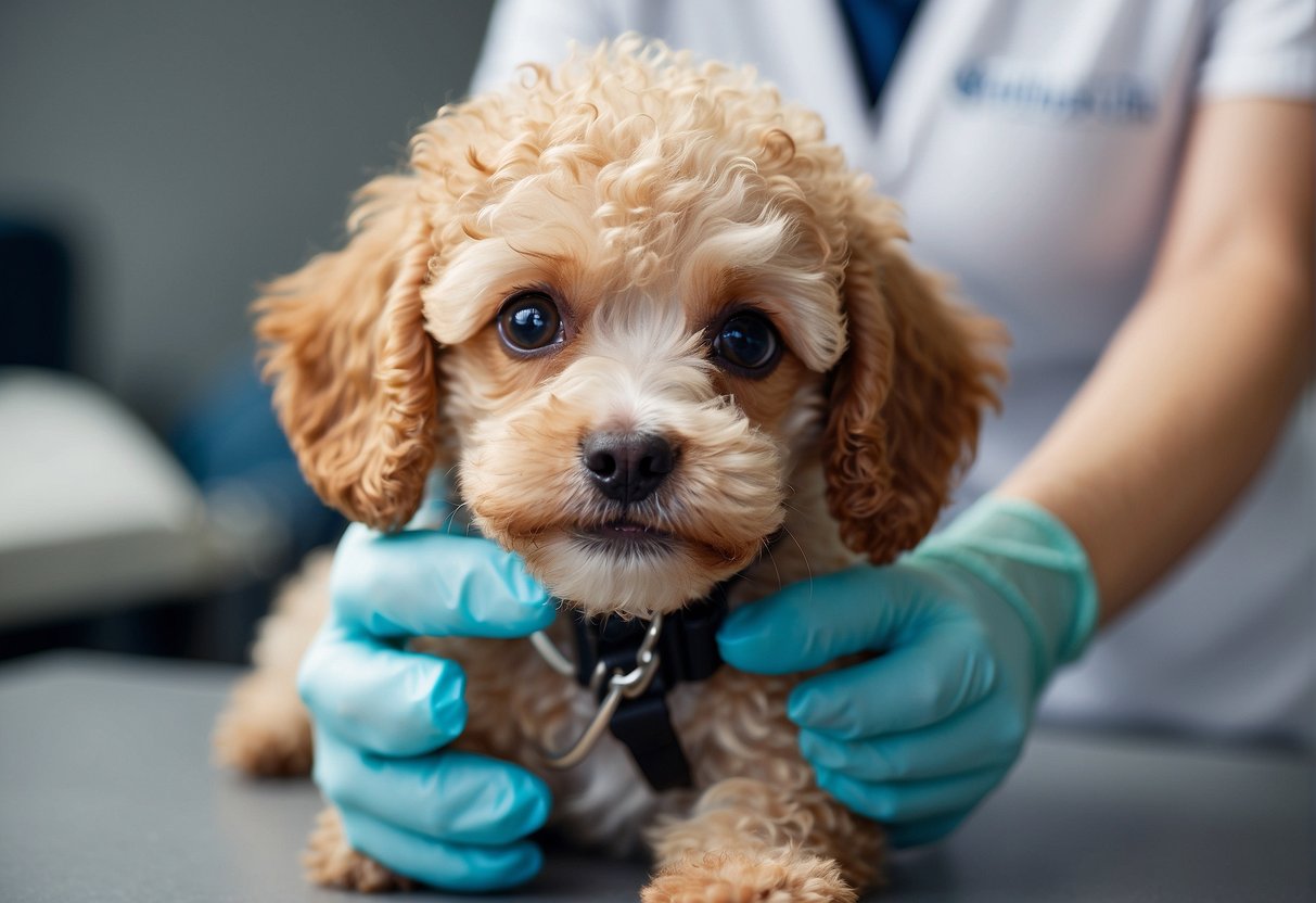 A small toy poodle puppy receiving multiple vaccines from a veterinarian to protect against diseases