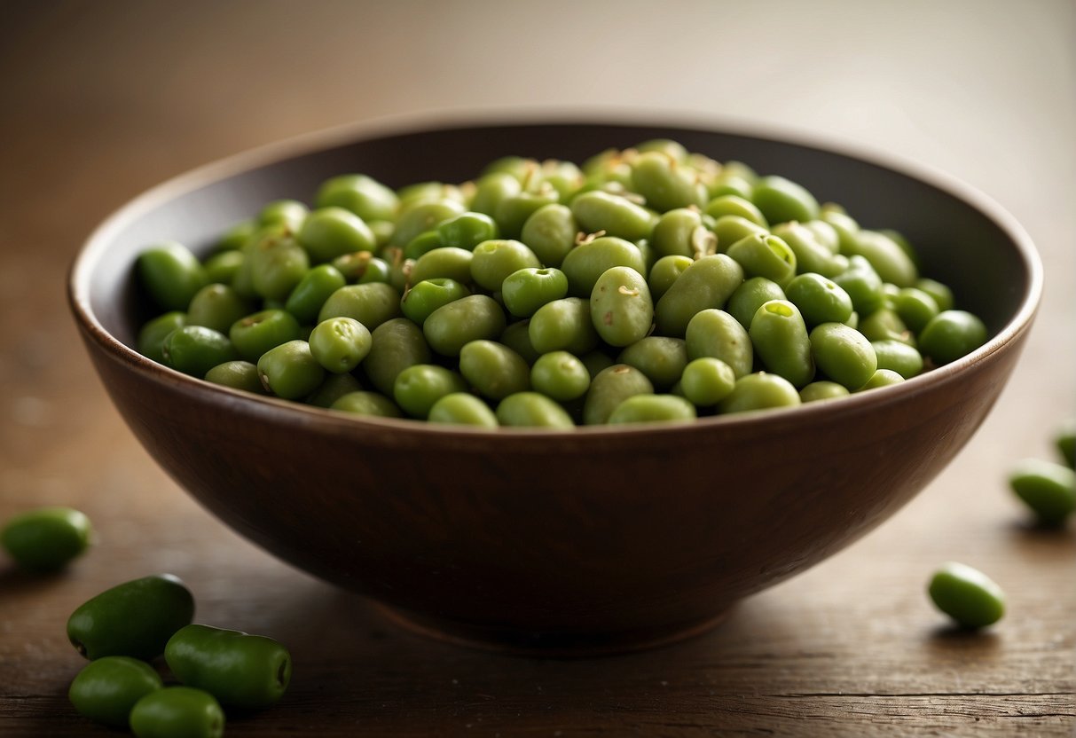 A bowl of mukimame and edamame side by side, with a sign reading "Frequently Asked Questions: mukimame vs edamame" above them