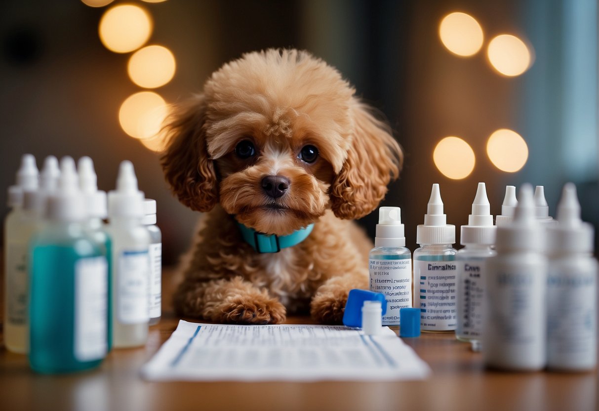 A small toy poodle puppy surrounded by multiple vaccine vials and a concerned owner holding a list of questions about the vaccination process