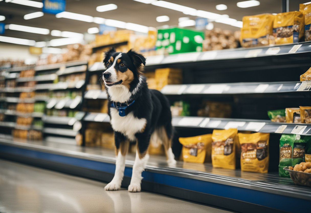 Dogs roam freely in Walmart, exploring aisles and wagging tails