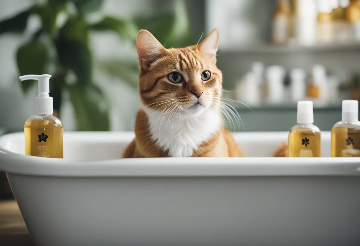A cat sits in a bathtub, surrounded by bottles of dog shampoo. A puzzled expression is on its face as it looks at the labels