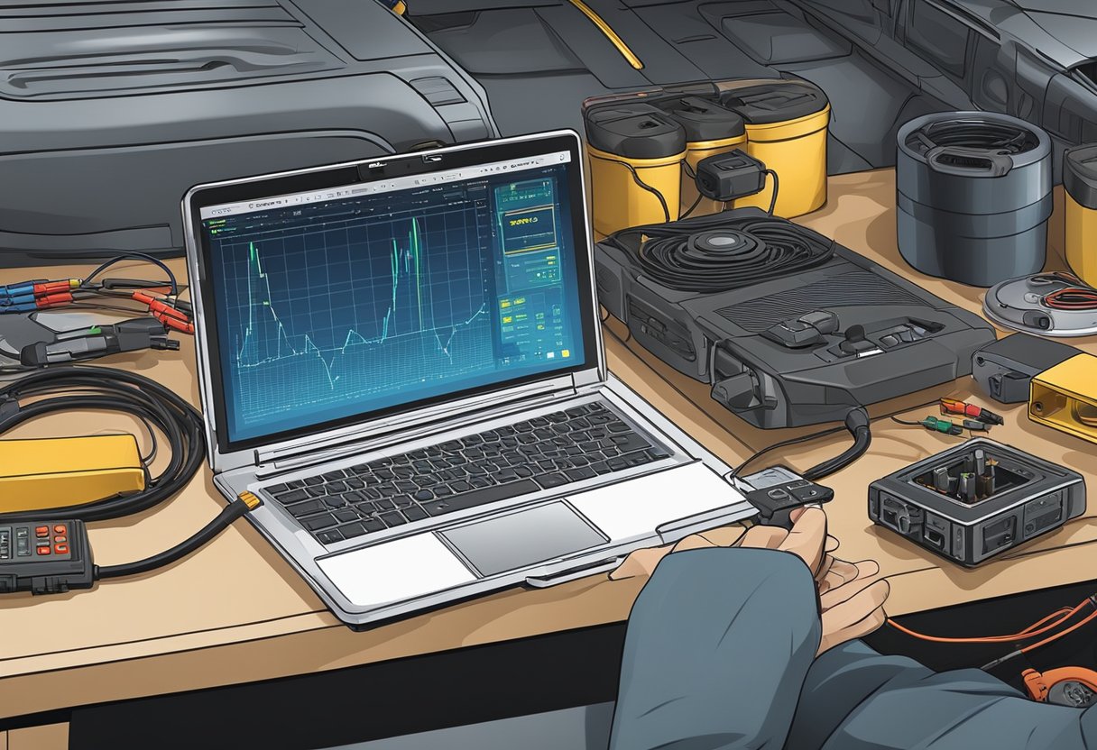 A mechanic using diagnostic tools to test the knock sensor.

A laptop connected to the car's OBD port, multimeter, and wiring diagram on the workbench