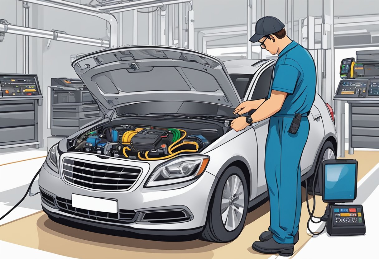 A mechanic connects OBD scanner to car, checks for P0325 code, inspects knock sensor, and tests wiring for faults