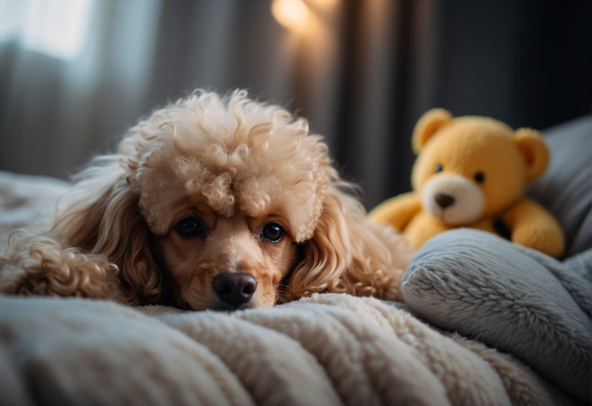 A poodle sleeps peacefully on a fluffy bed, curled up with its eyes closed, surrounded by soft toys and a bowl of water nearby