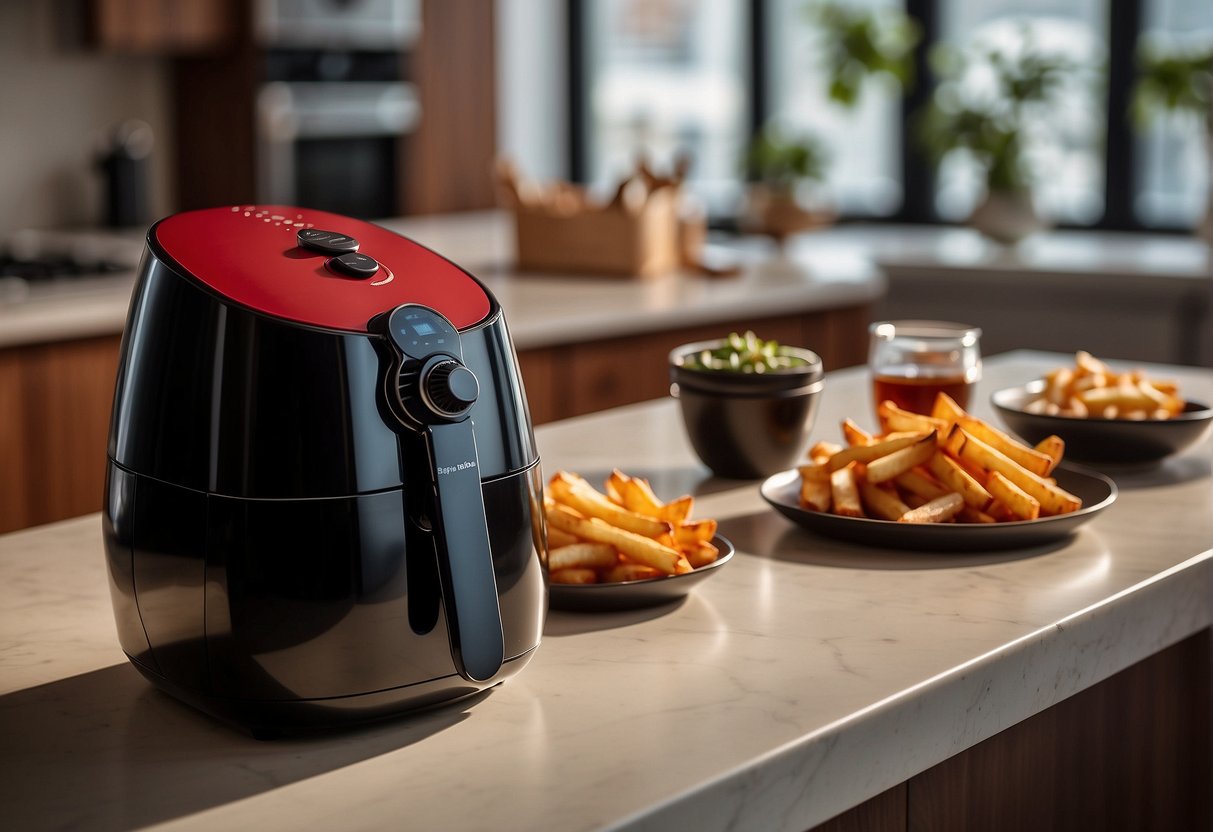 A red robin steak fries air fryer sits on a kitchen counter, surrounded by various air fryer models. Bright overhead lighting highlights its sleek design and digital display