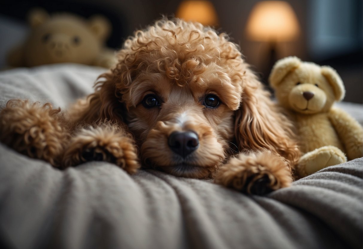 A sleeping poodle with a cozy blanket, curled up in a soft bed, surrounded by plush toys and a peaceful expression on its face