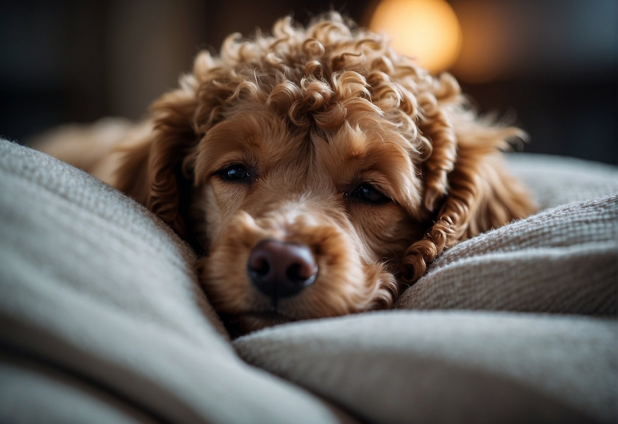 A sleeping poodle with a cozy bed and a peaceful expression