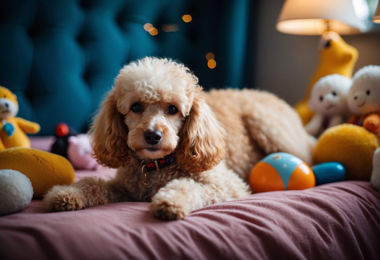 A poodle sleeps on a cozy bed, surrounded by toys and a water bowl