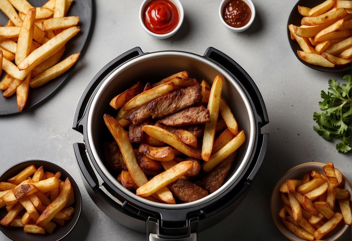 Red Robin steak fries are laid out on a clean, dry surface next to the air fryer, with the air fryer's basket open and ready for the fries to be placed inside