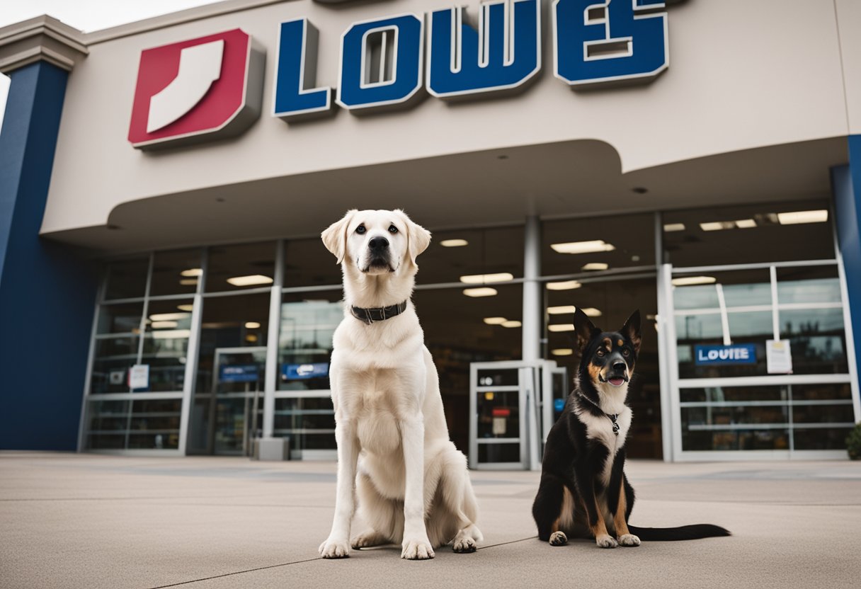 A dog stands at the entrance of a Lowe's store, looking up at the sign with a curious expression