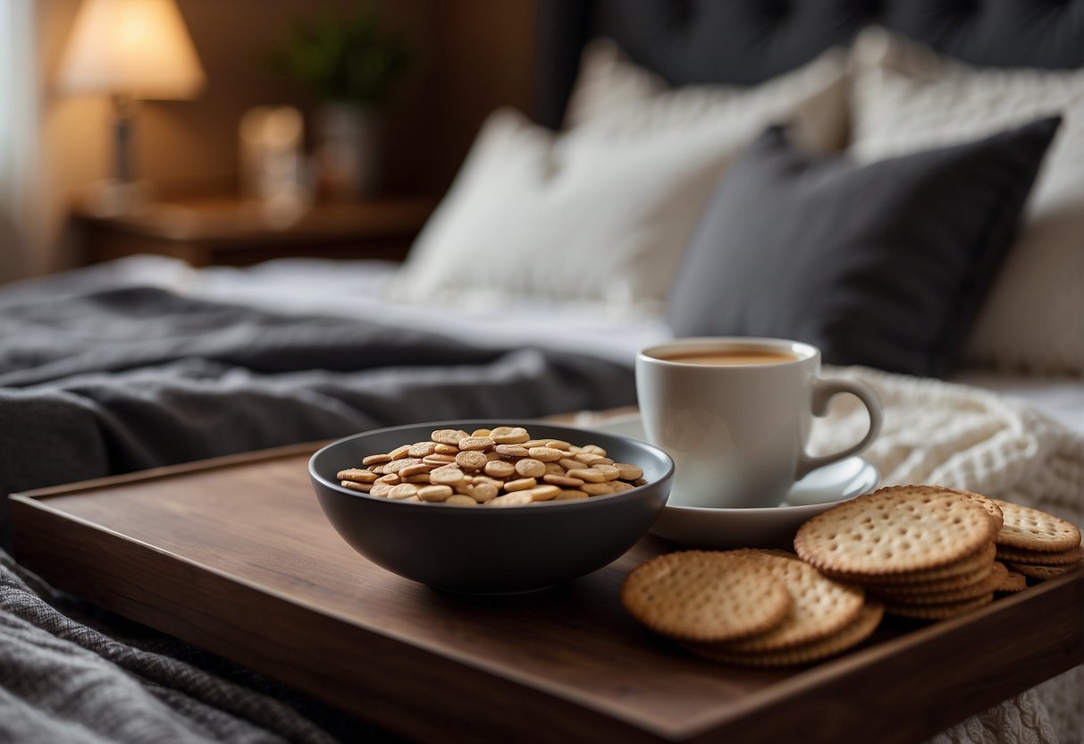 A cozy bedroom with a bedside table holding a warm cup of chamomile tea, a bowl of tart cherries, and a plate of whole grain crackers with almond butter. A soft pillow and blanket complete the scene