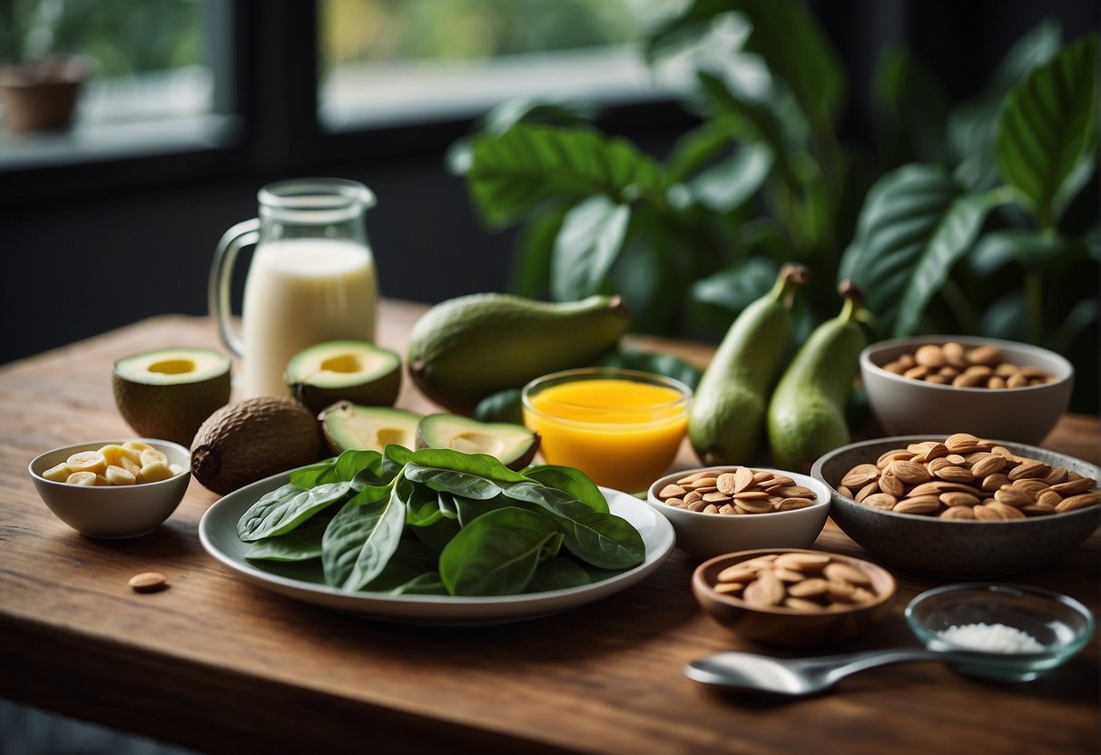 A table with a variety of foods like spinach, almonds, avocado, and bananas, with a calming atmosphere to convey the idea of sleep support