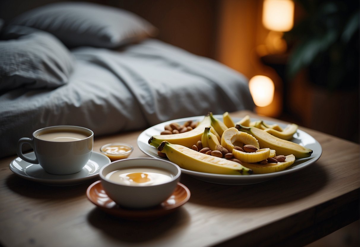 A table with warm milk, turkey, bananas, and nuts. A cozy bed with a person sleeping peacefully