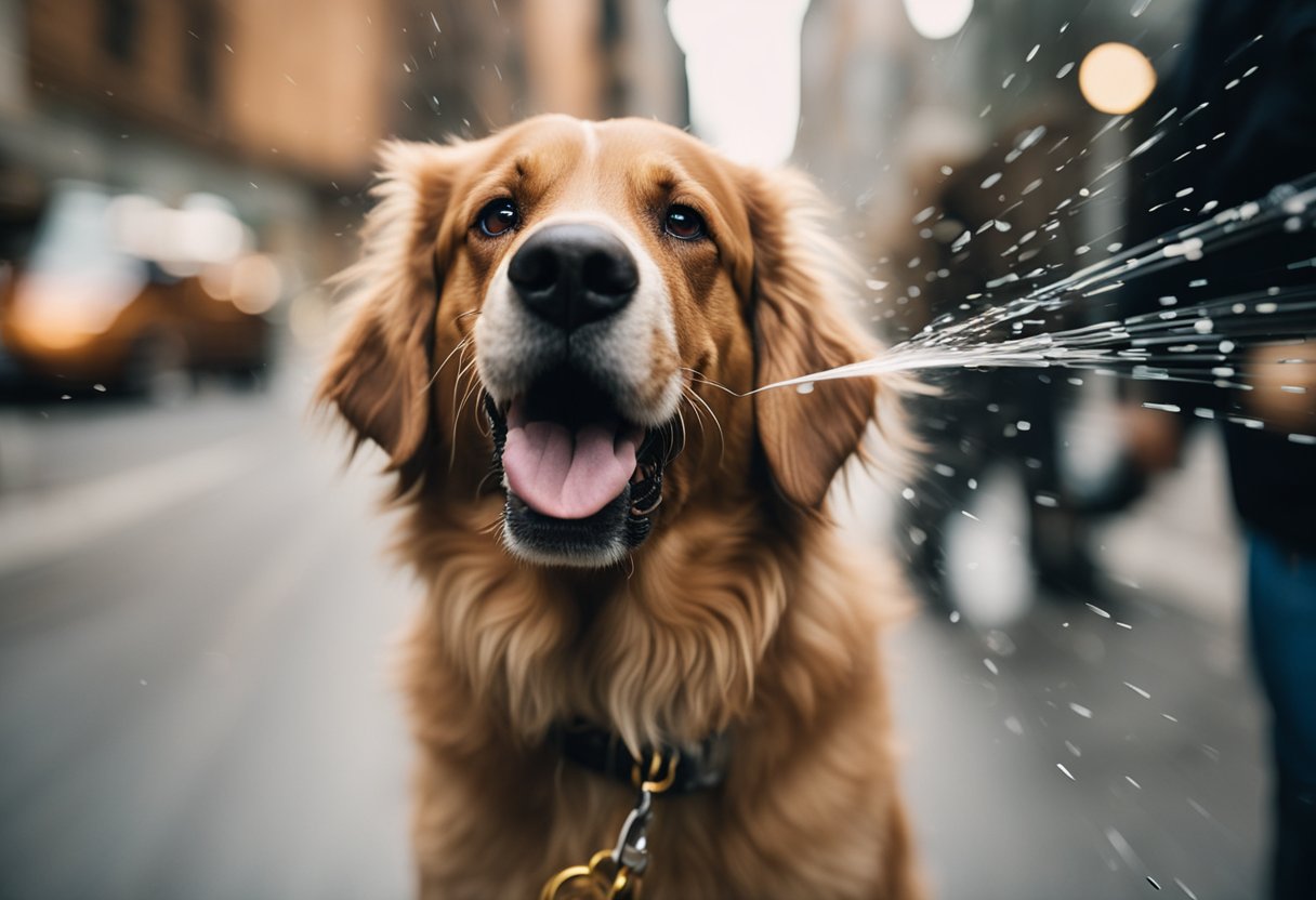 A dog recoils as pepper spray is sprayed towards it