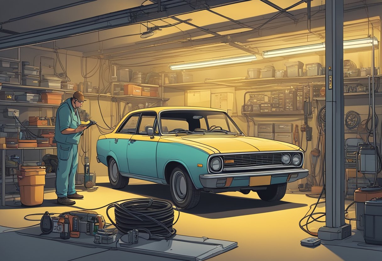 A car parked in a dimly lit garage, with a hood open and a multimeter connected to the battery terminals, while a mechanic examines the connections and checks for any parasitic draws