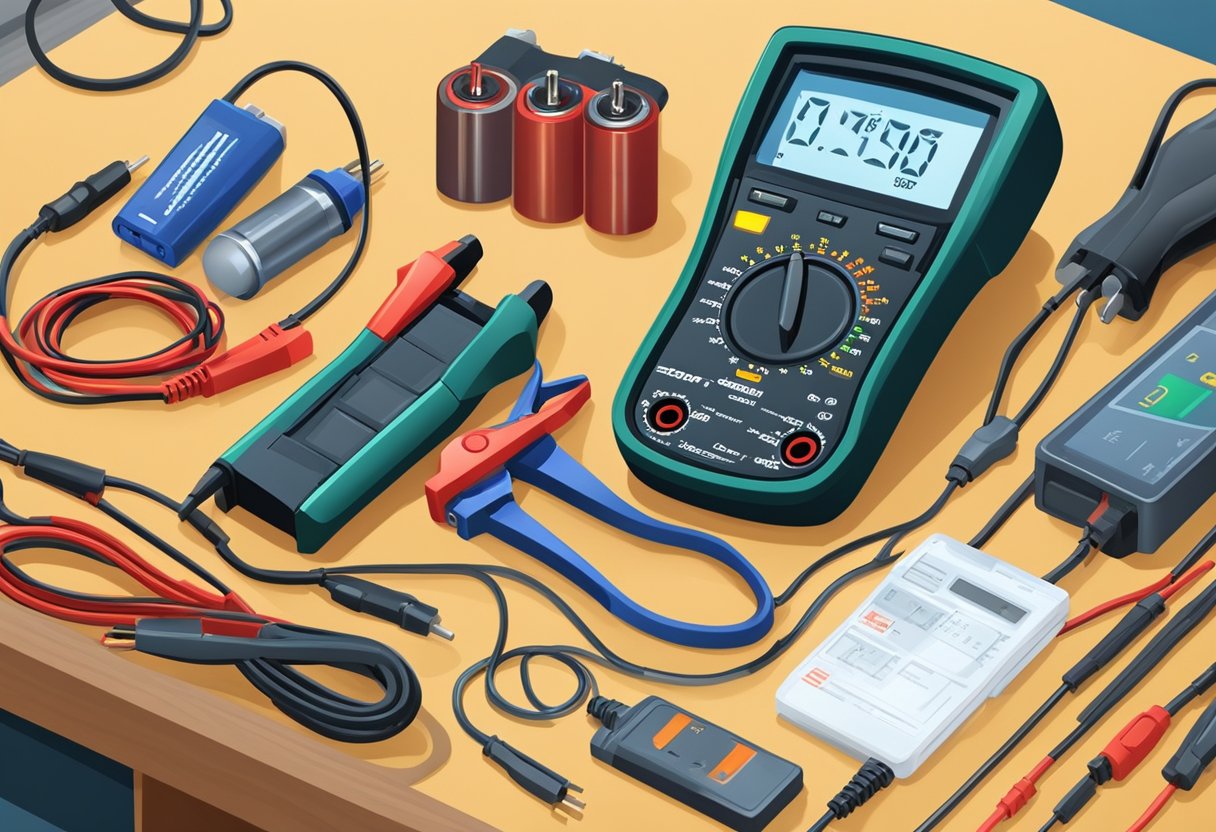 A multimeter, car battery, jumper cables, and a flashlight are laid out on a workbench.

A diagnostic code reader and a battery charger are also present