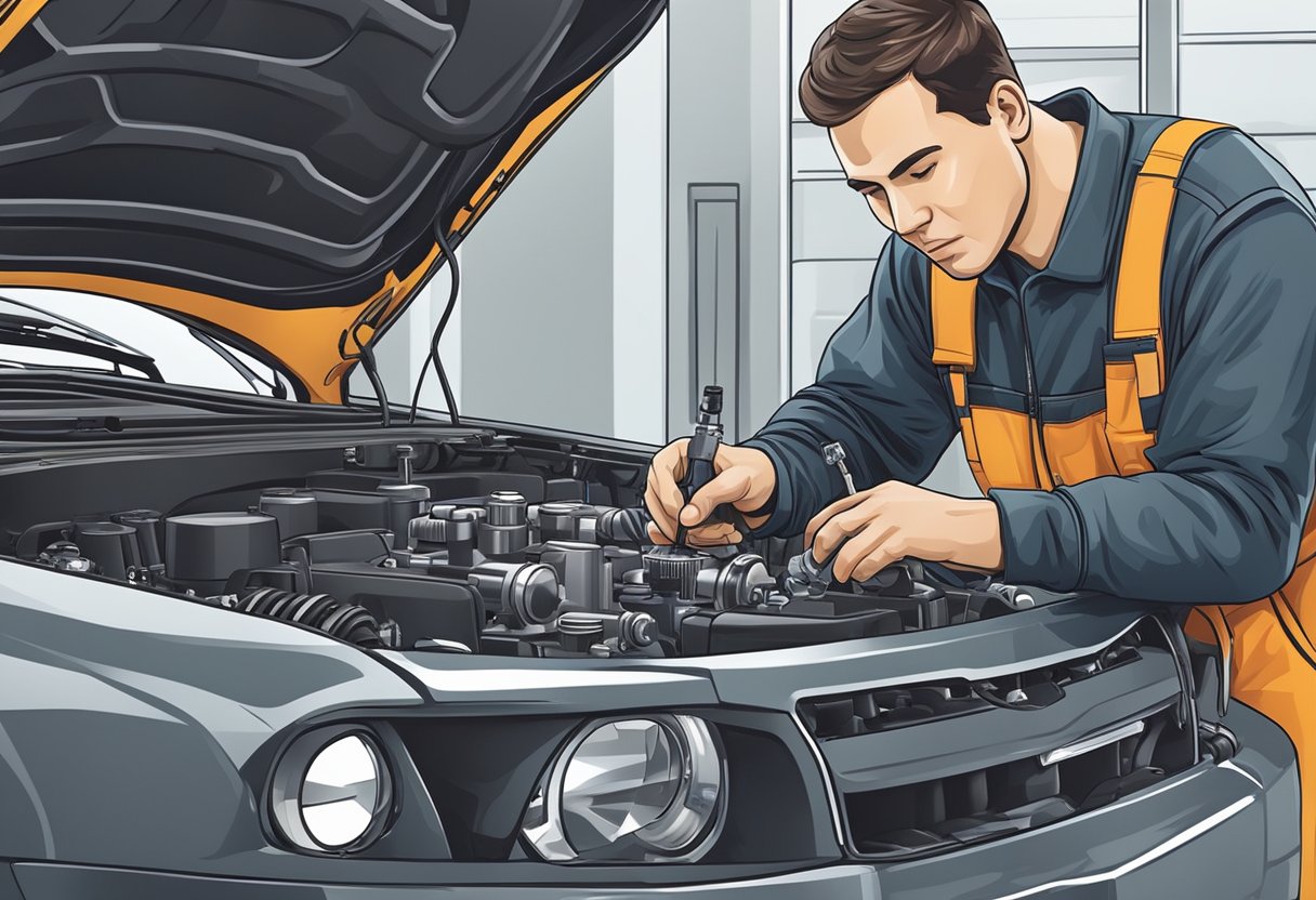 A mechanic examining a camshaft position actuator with diagnostic tools and a car engine in the background