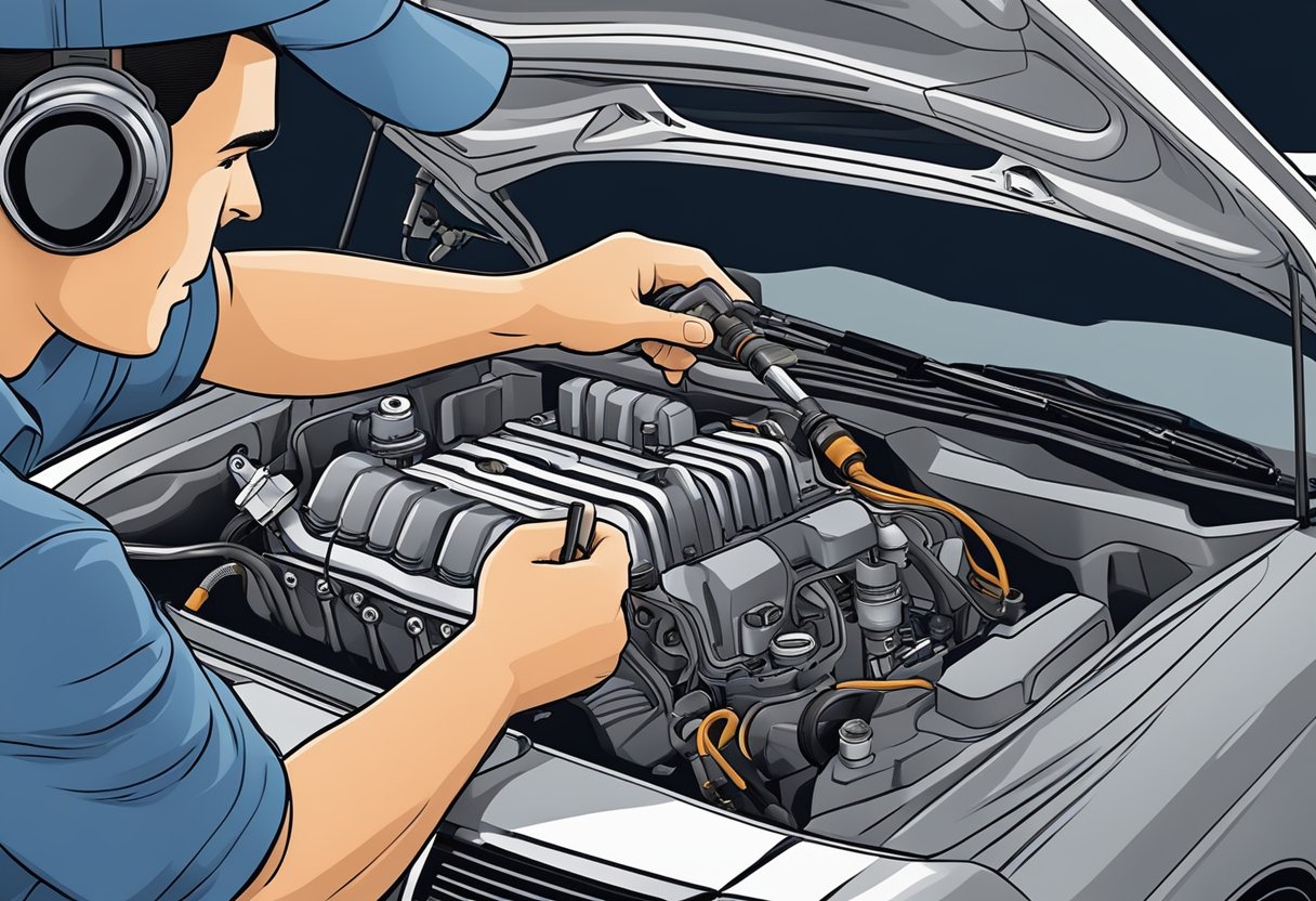 A mechanic examines a car engine, holding a diagnostic tool.

The hood is open, and various engine components are visible. The focus is on the camshaft position actuator
