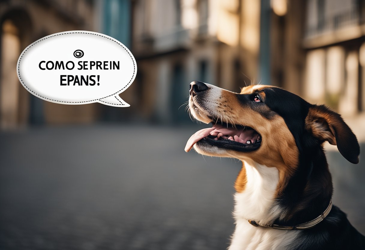 A dog barking with the words "¿Cómo se dice perro en español?" in a speech bubble