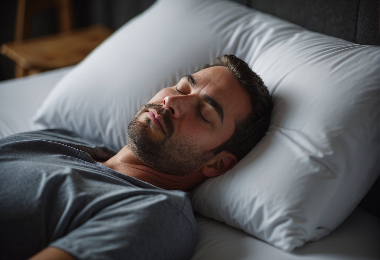 A person sleeping on their back with a pillow supporting their head and neck, keeping their airways open for optimal breathing and reducing the risk of sleep disorders
