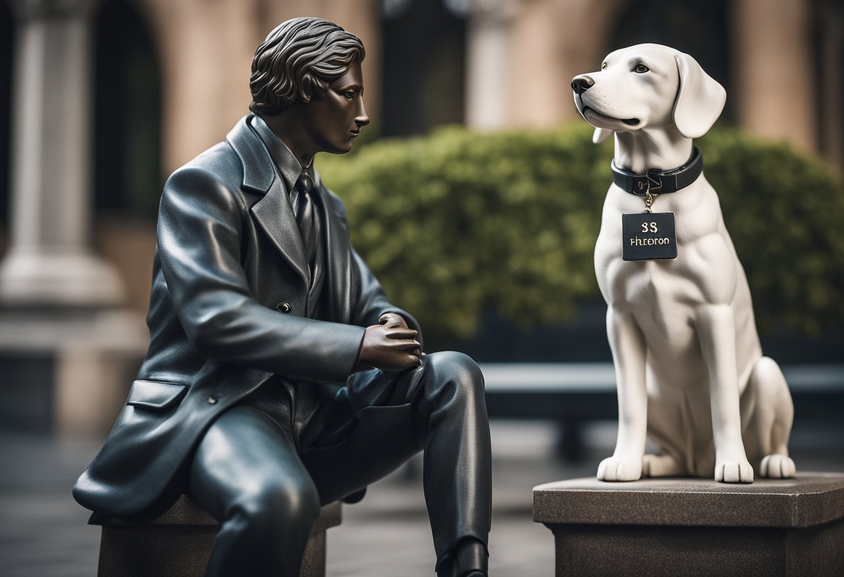A dog with a nametag on its collar, sitting next to a human-like statue