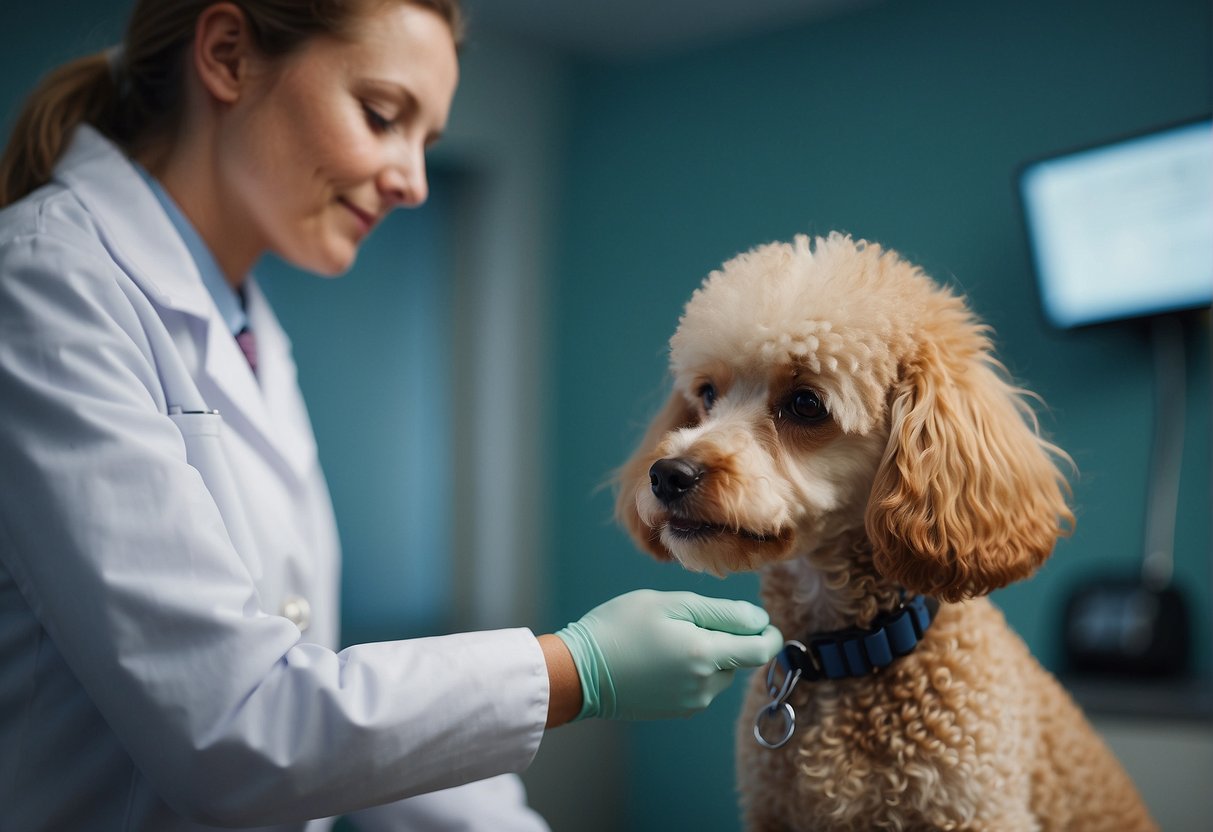 A small 1 kg poodle at the vet getting a check-up and dietary adjustments
