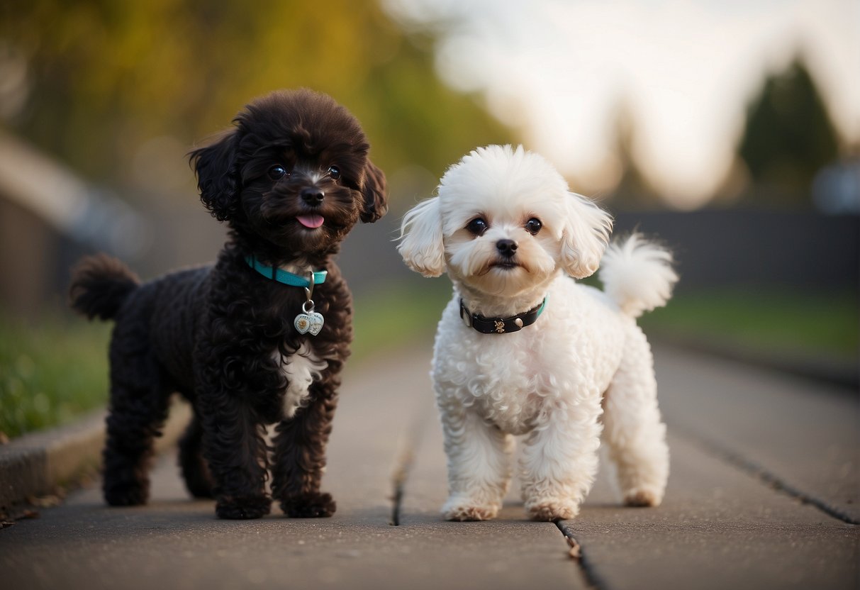 A small toy poodle stands at 10 inches tall, with a fluffy white coat and a playful expression