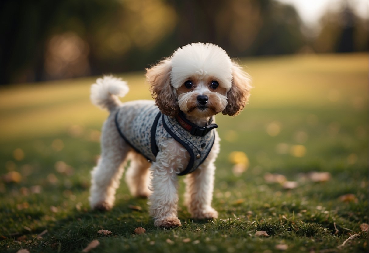 A small Toy Poodle stands 10 inches tall with a curly, fluffy coat in a variety of colors