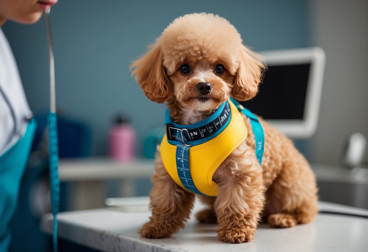 A small Toy Poodle being groomed at a veterinary clinic, with a measuring tape nearby for size reference