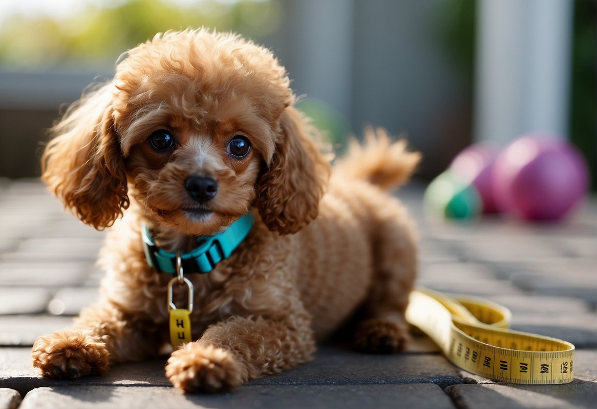 A small toy poodle stands next to a measuring tape, with a curious expression on its face